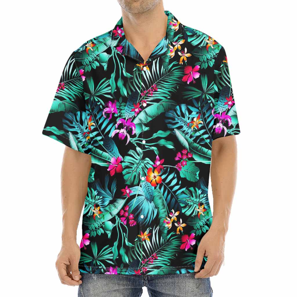 Teal Tropical Leaf Hawaii Pattern Print Aloha Shirt