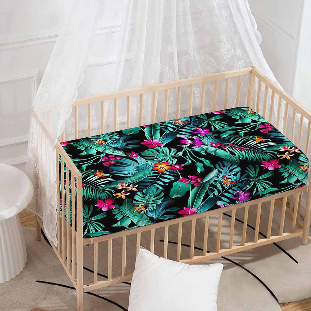 Teal Tropical Leaf Hawaii Pattern Print Baby Crib Sheet