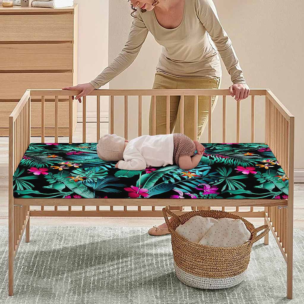 Teal Tropical Leaf Hawaii Pattern Print Baby Crib Sheet