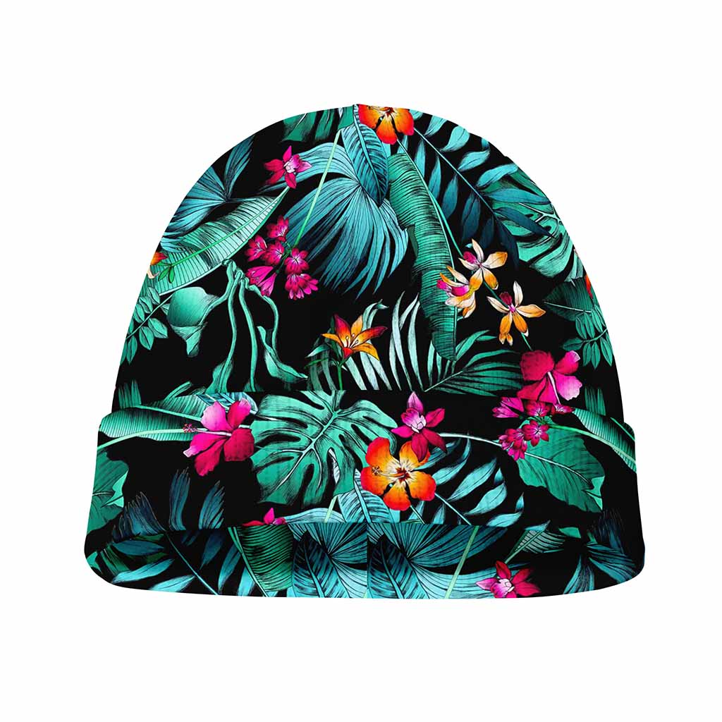 Teal Tropical Leaf Hawaii Pattern Print Beanie