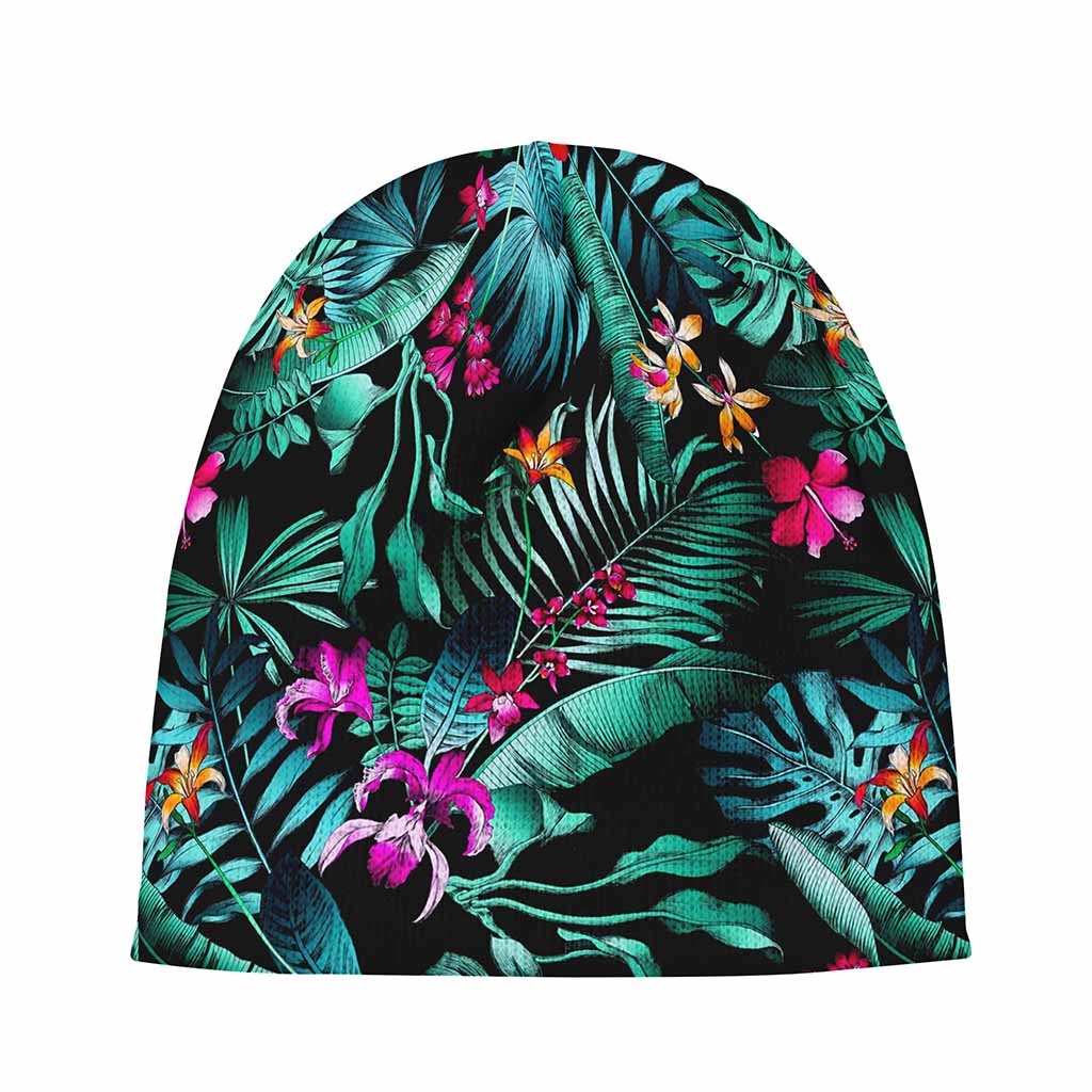 Teal Tropical Leaf Hawaii Pattern Print Beanie