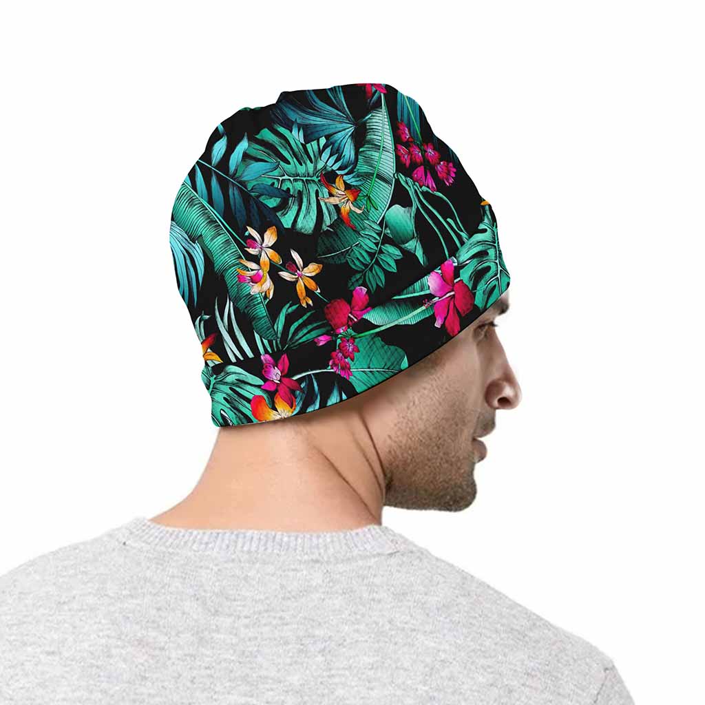 Teal Tropical Leaf Hawaii Pattern Print Beanie