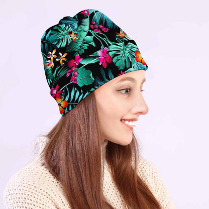 Teal Tropical Leaf Hawaii Pattern Print Beanie