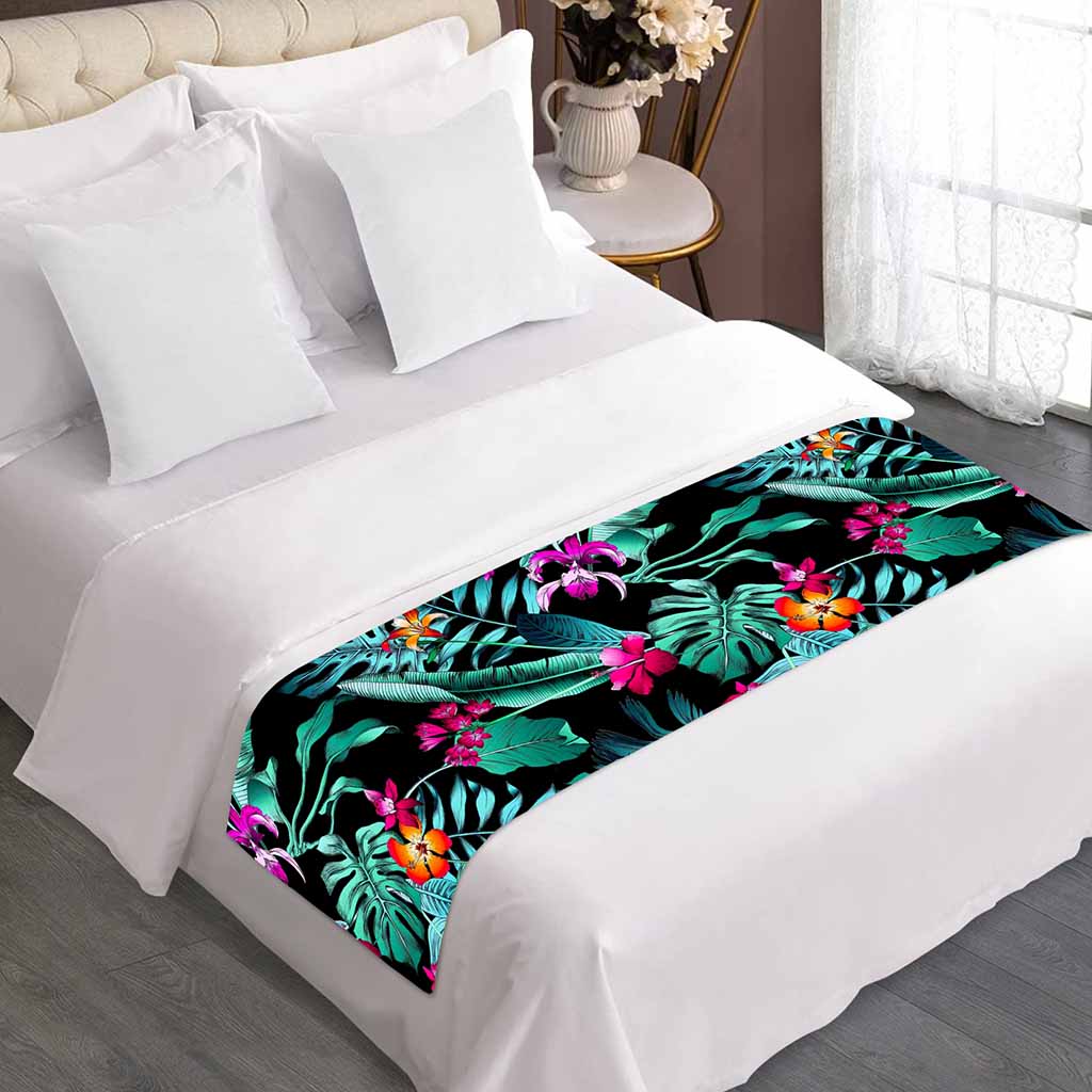 Teal Tropical Leaf Hawaii Pattern Print Bed Runner