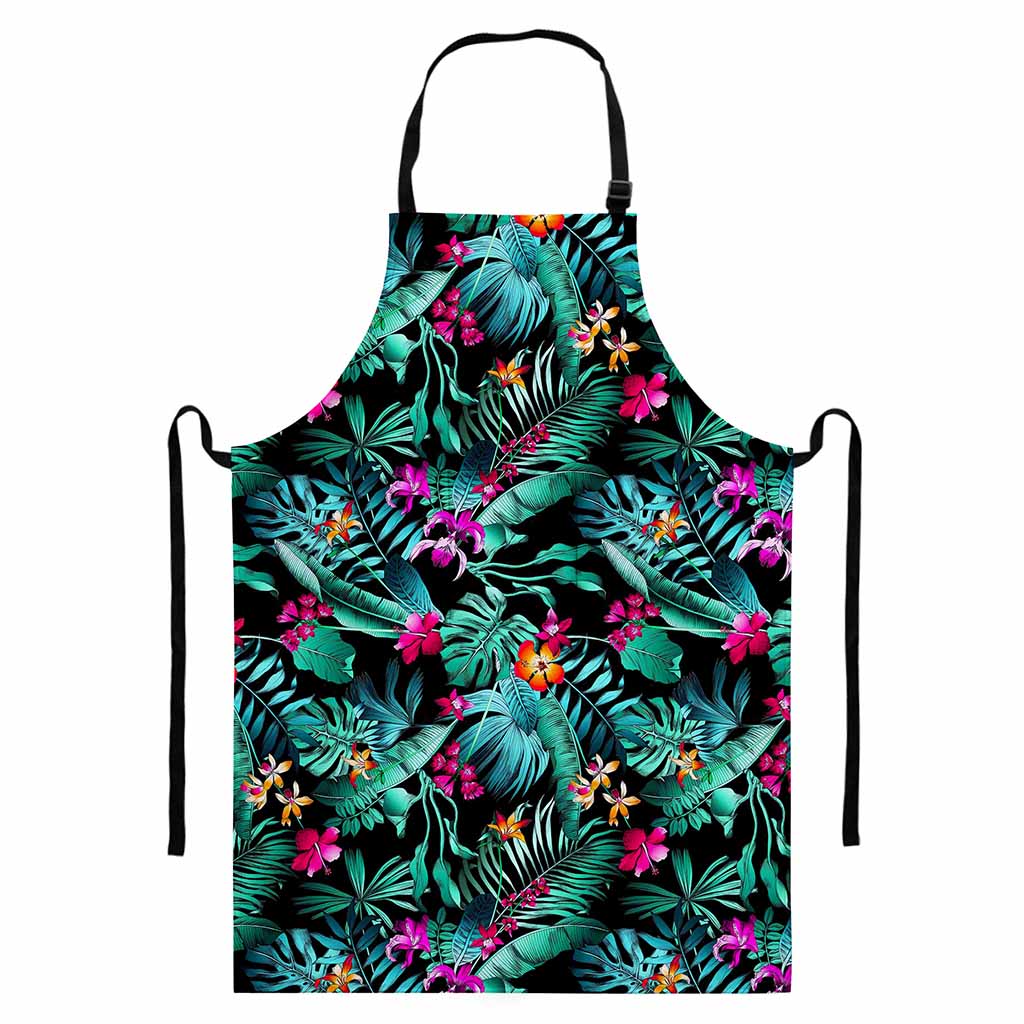 Teal Tropical Leaf Hawaii Pattern Print Bib Apron With Pocket