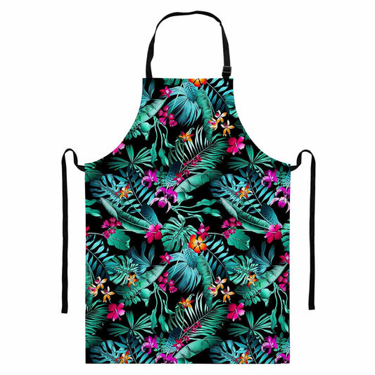 Teal Tropical Leaf Hawaii Pattern Print Bib Apron With Pocket