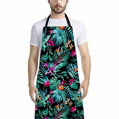 Teal Tropical Leaf Hawaii Pattern Print Bib Apron With Pocket