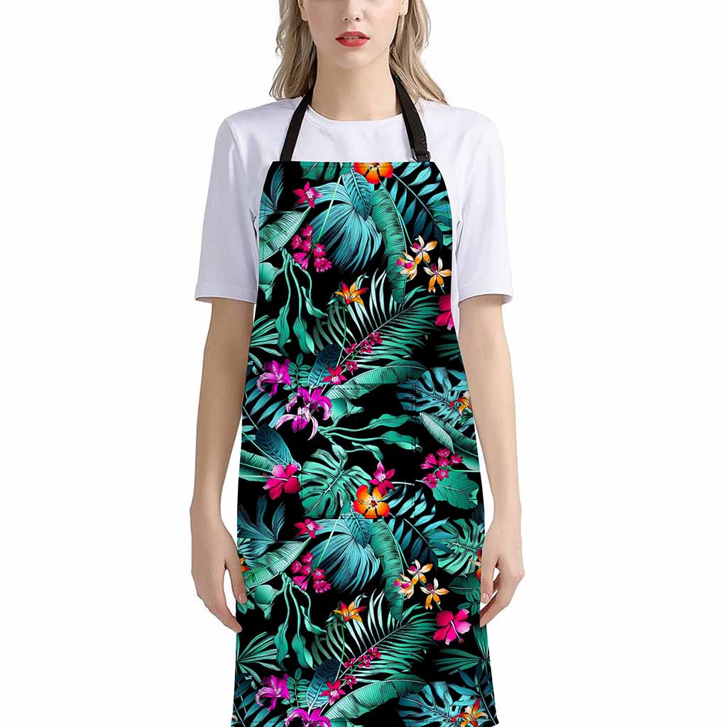 Teal Tropical Leaf Hawaii Pattern Print Bib Apron With Pocket