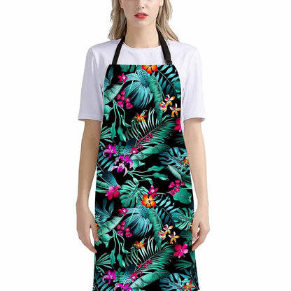 Teal Tropical Leaf Hawaii Pattern Print Bib Apron With Pocket