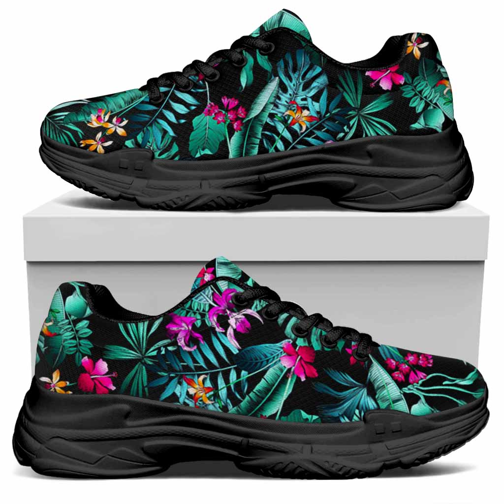 Teal Tropical Leaf Hawaii Pattern Print Black Chunky Shoes