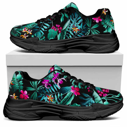 Teal Tropical Leaf Hawaii Pattern Print Black Chunky Shoes