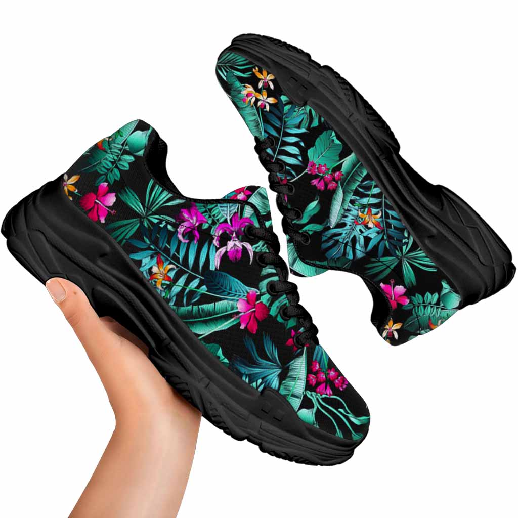 Teal Tropical Leaf Hawaii Pattern Print Black Chunky Shoes