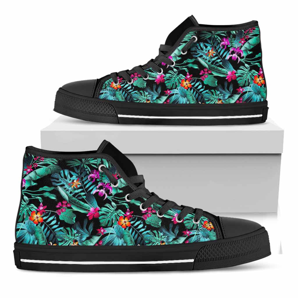 Teal Tropical Leaf Hawaii Pattern Print Black High Top Sneakers