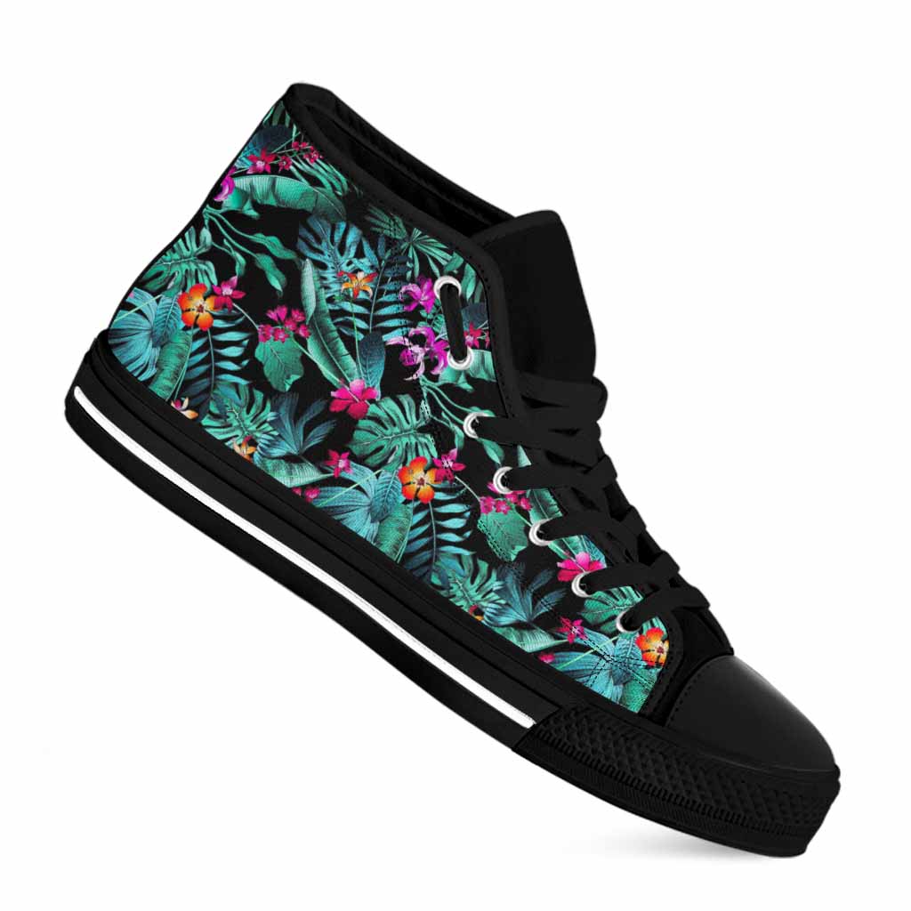 Teal Tropical Leaf Hawaii Pattern Print Black High Top Sneakers