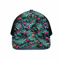 Teal Tropical Leaf Hawaii Pattern Print Black Mesh Trucker Hat