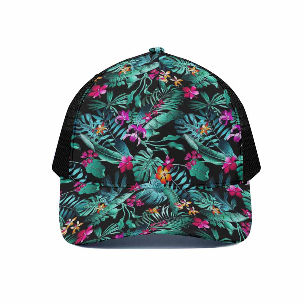 Teal Tropical Leaf Hawaii Pattern Print Black Mesh Trucker Cap