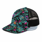 Teal Tropical Leaf Hawaii Pattern Print Black Mesh Trucker Cap