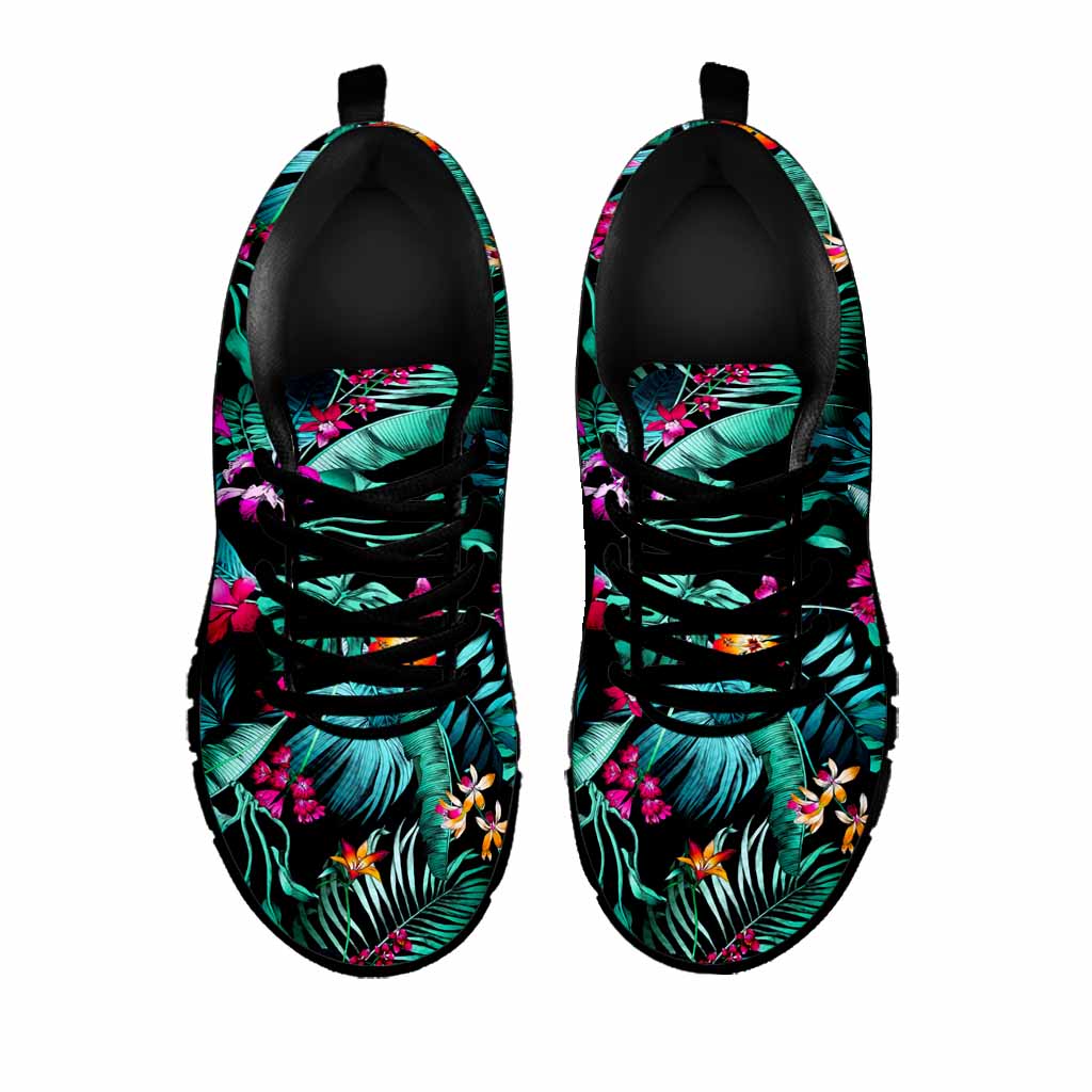 Teal Tropical Leaf Hawaii Pattern Print Black Running Shoes