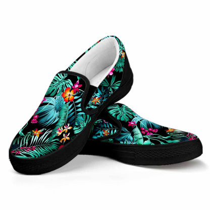 Teal Tropical Leaf Hawaii Pattern Print Black Slip On Sneakers
