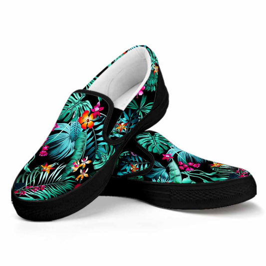 Teal Tropical Leaf Hawaii Pattern Print Black Slip On Sneakers