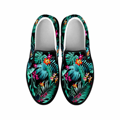 Teal Tropical Leaf Hawaii Pattern Print Black Slip On Sneakers