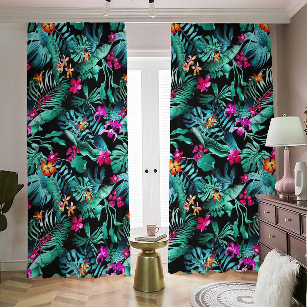 Teal Tropical Leaf Hawaii Pattern Print Blackout Pencil Pleat Curtains