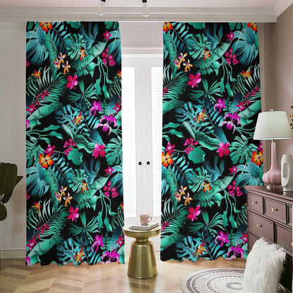 Teal Tropical Leaf Hawaii Pattern Print Blackout Pencil Pleat Curtains