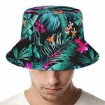 Teal Tropical Leaf Hawaii Pattern Print Bucket Hat