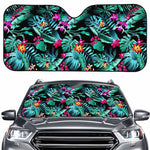 Teal Tropical Leaf Hawaii Pattern Print Car Windshield Sun Shade