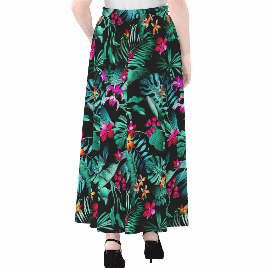 Teal Tropical Leaf Hawaii Pattern Print Chiffon Maxi Skirt