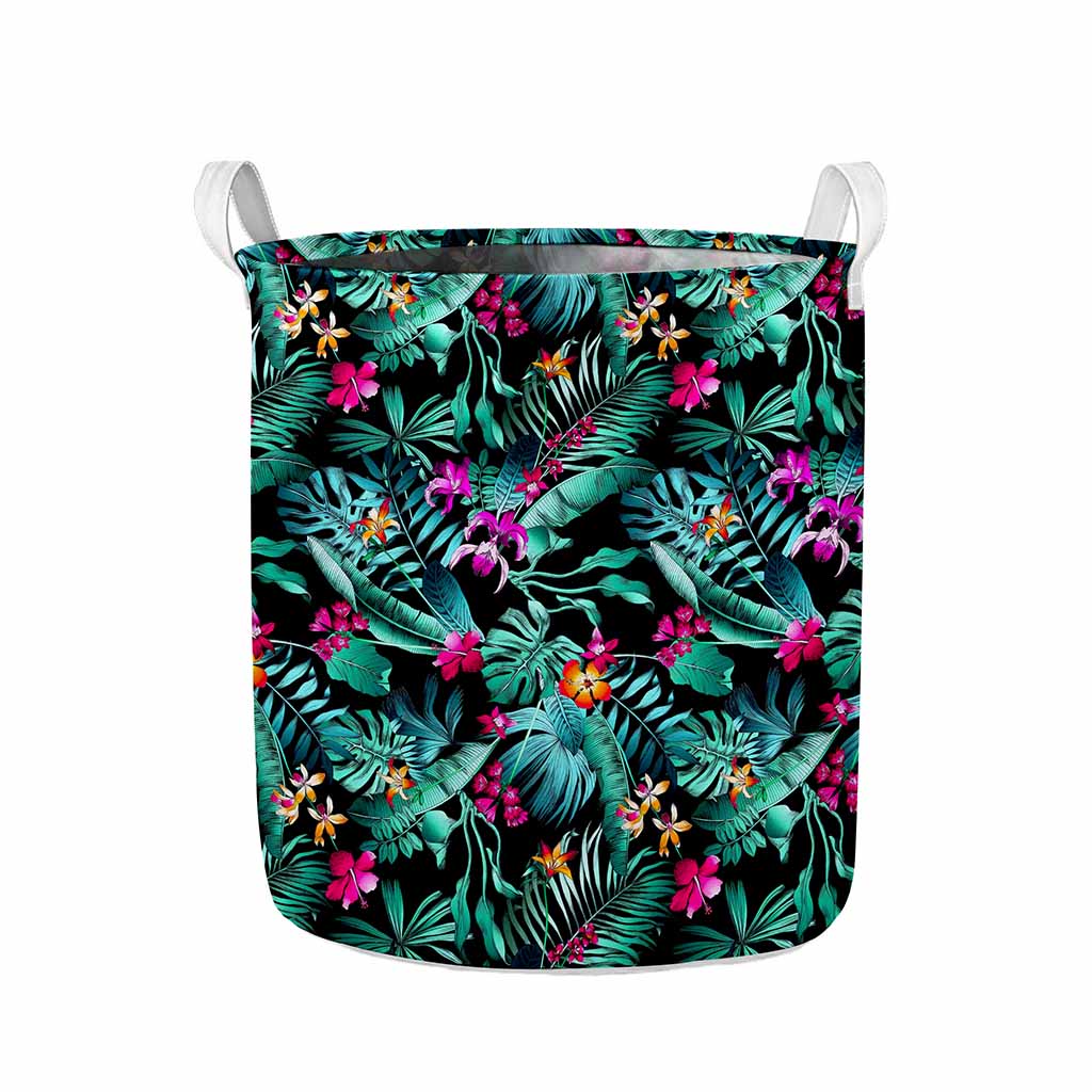Teal Tropical Leaf Hawaii Pattern Print Collapsible Laundry Basket
