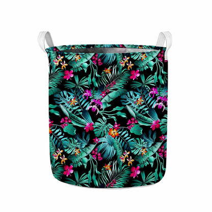 Teal Tropical Leaf Hawaii Pattern Print Collapsible Laundry Basket