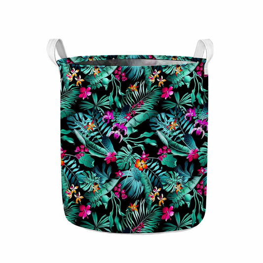 Teal Tropical Leaf Hawaii Pattern Print Collapsible Laundry Basket