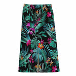 Teal Tropical Leaf Hawaii Pattern Print Cotton Front Slit Maxi Skirt