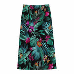 Teal Tropical Leaf Hawaii Pattern Print Cotton Front Slit Maxi Skirt