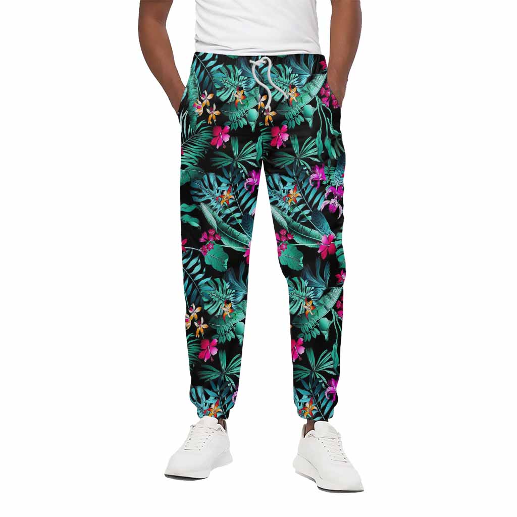 Teal Tropical Leaf Hawaii Pattern Print Cotton Pants