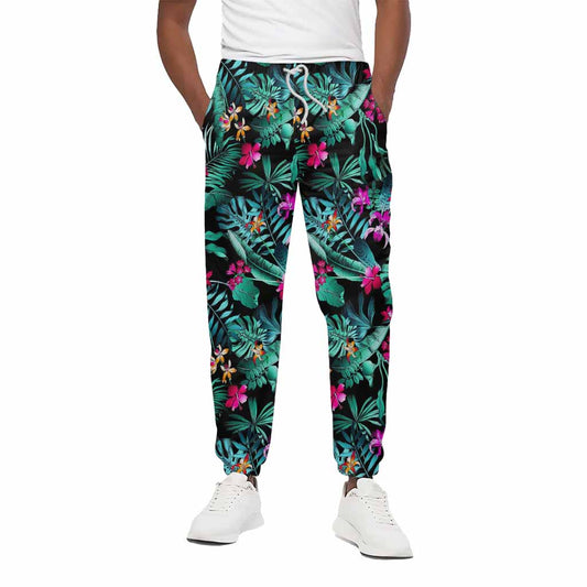 Teal Tropical Leaf Hawaii Pattern Print Cotton Pants