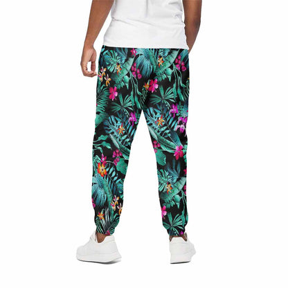 Teal Tropical Leaf Hawaii Pattern Print Cotton Pants