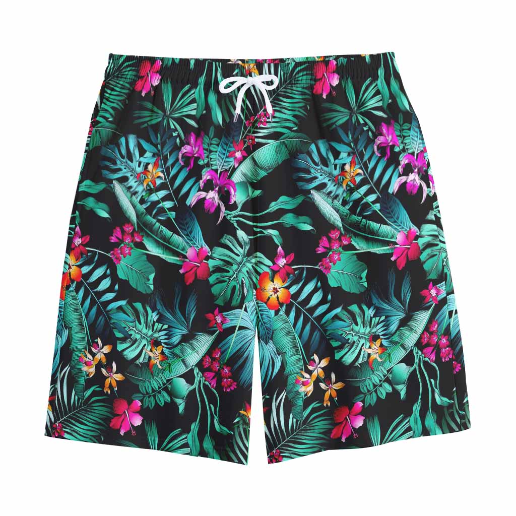 Teal Tropical Leaf Hawaii Pattern Print Cotton Shorts