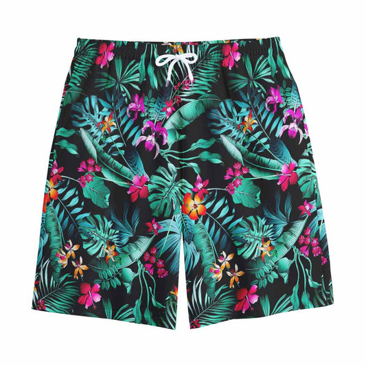 Teal Tropical Leaf Hawaii Pattern Print Cotton Shorts