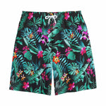 Teal Tropical Leaf Hawaii Pattern Print Cotton Shorts