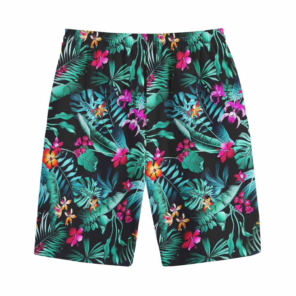 Teal Tropical Leaf Hawaii Pattern Print Cotton Shorts
