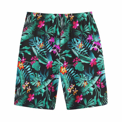 Teal Tropical Leaf Hawaii Pattern Print Cotton Shorts