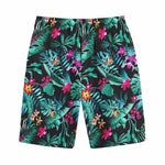 Teal Tropical Leaf Hawaii Pattern Print Cotton Shorts