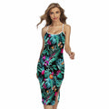 Teal Tropical Leaf Hawaii Pattern Print Cross Back Cami Dress