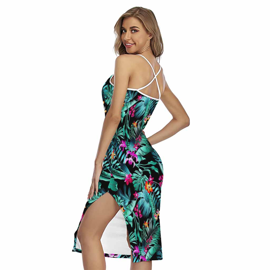 Teal Tropical Leaf Hawaii Pattern Print Cross Back Cami Dress
