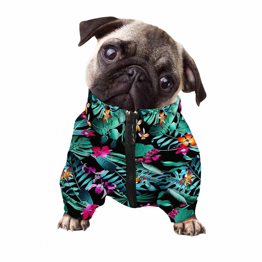Teal Tropical Leaf Hawaii Pattern Print Dog Zip Up Jacket