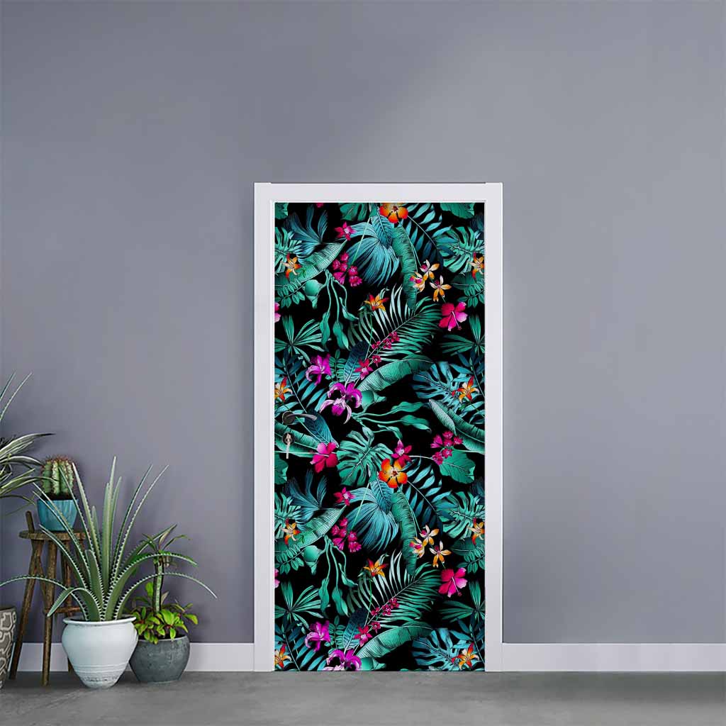 Teal Tropical Leaf Hawaii Pattern Print Door Sticker