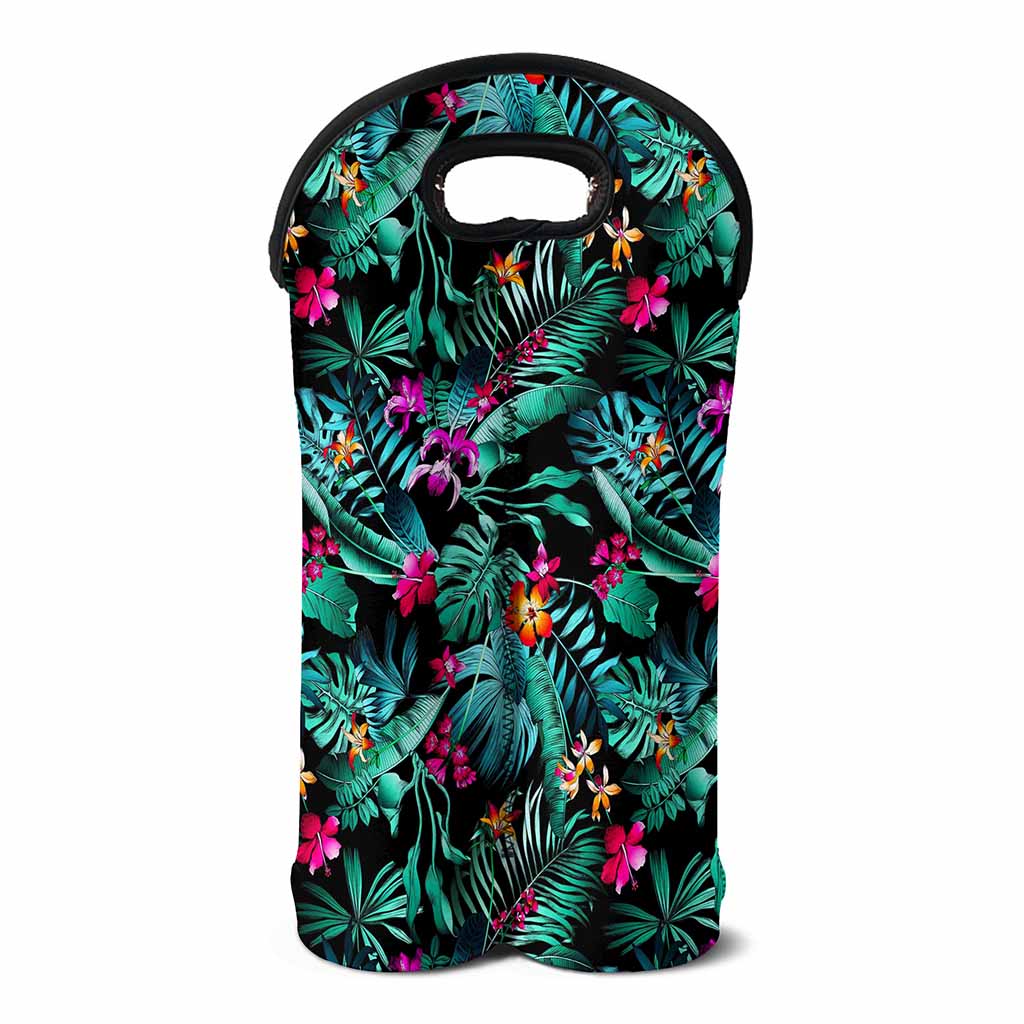 Teal Tropical Leaf Hawaii Pattern Print Double Neoprene Wine Tote