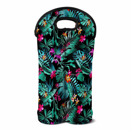 Teal Tropical Leaf Hawaii Pattern Print Double Neoprene Wine Tote